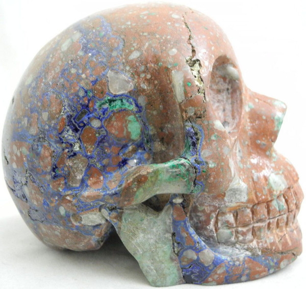 Raven's Carved  "Classic" Style Brecciated Azurite Cuprite, Malachite Crystal Skull