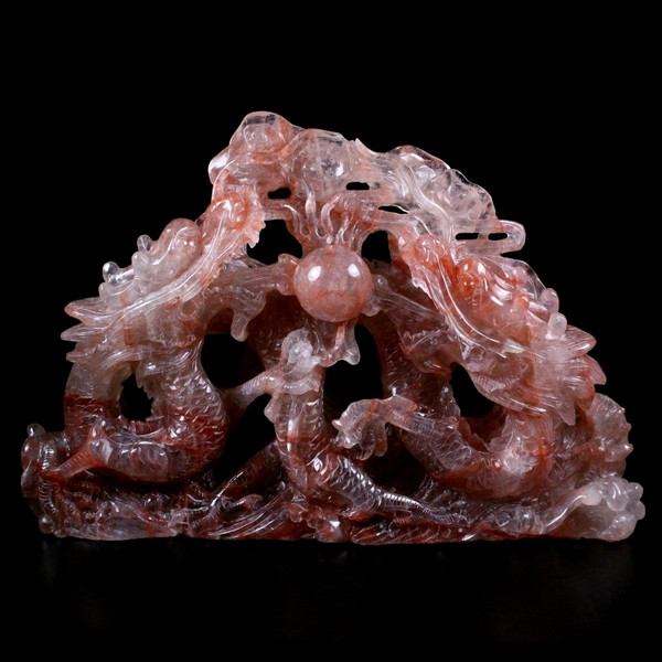 Red Fire Harlequin Quartz Double Dragon Carving