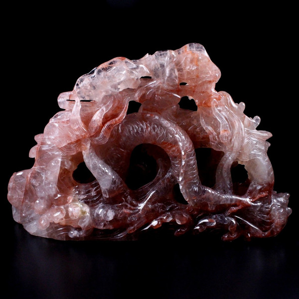 Red Fire Harlequin Quartz Double Dragon Carving