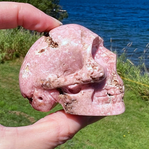 Raven's Rhodochrosite Hand Carved Crystal Skul