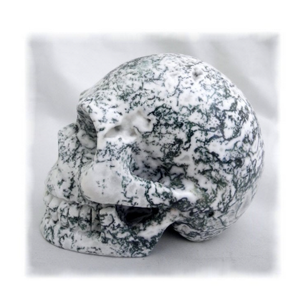 Raven's Classic Carved Moss Agate Vugs Crystal Skull