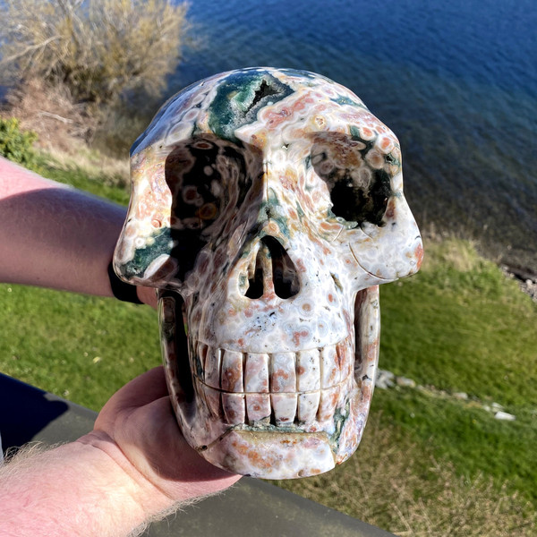 Raven's Carved AAA Gigantic Ocean Jasper Crystal Skull