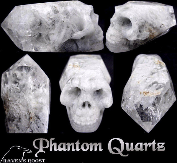 Raven's Carved Clear Quartz Amphibole Phantom Skull Wand