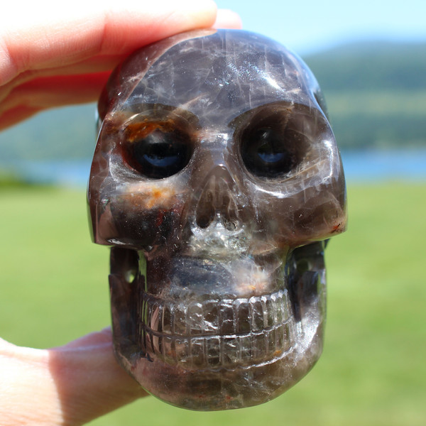 Black Moonstone Crystal Skull Silver Flash 3"