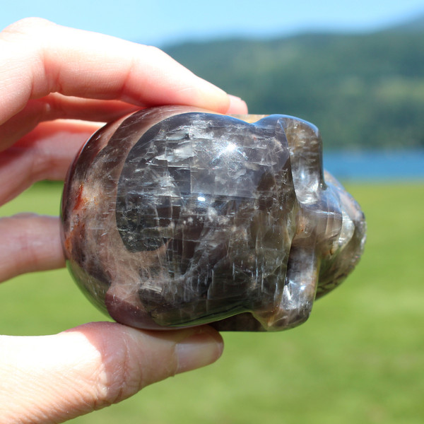Black Moonstone Crystal Skull Silver Flash 3"