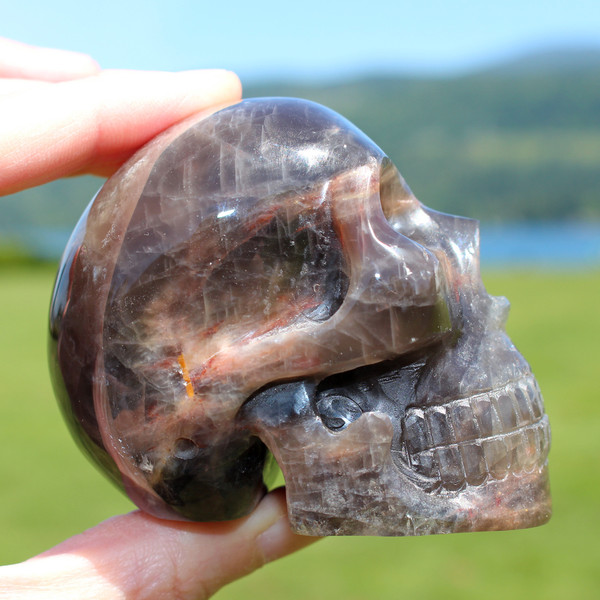 Black Moonstone Crystal Skull Silver Flash 3"