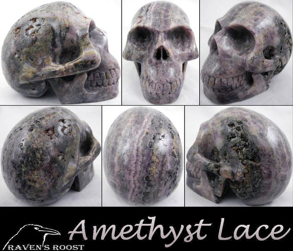 Raven's Carved Amethyst Lace Crystal Skull