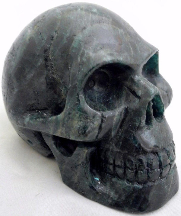 Raven's Carved Chatoyant Green Apatite Crystal Skull