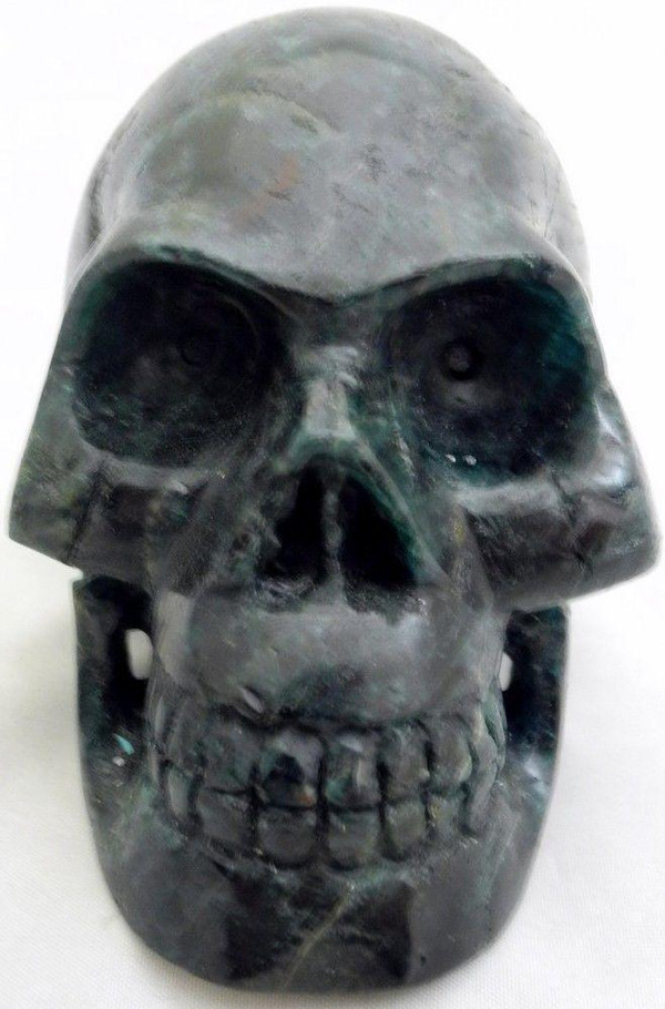 Raven's Carved Chatoyant Green Apatite Crystal Skull