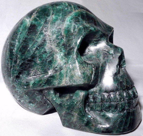 Raven's Carved Chatoyant Green Apatite Crystal Skull