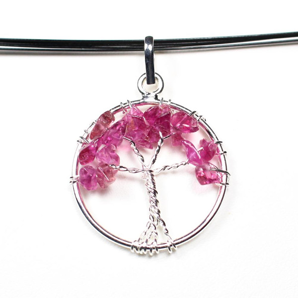 Pink Rubellite Tourmaline Crystal Tree of Life Silver Wrapped Pendant