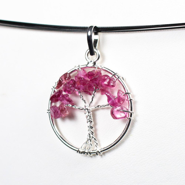 Pink Rubellite Tourmaline Crystal Tree of Life Silver Wrapped Pendant