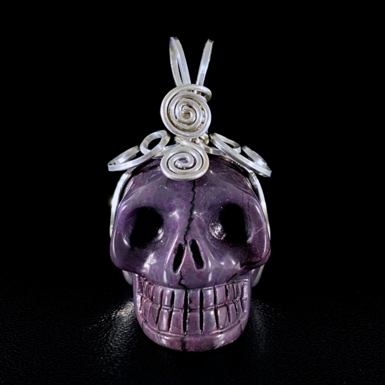 Sugilite Crystal Skull Pendant Sterling Silver Wire Wrapped