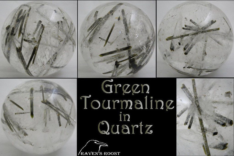 Raven's Green Tourmalines in Quartz Sphere