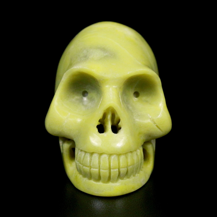 Raven's Classic Style Carved "Lemon Jade" Serpentine Crystal Skull