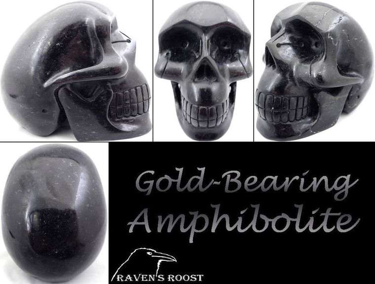 Raven's Carved Gold-Bearing Amphibolite Crystal Skull