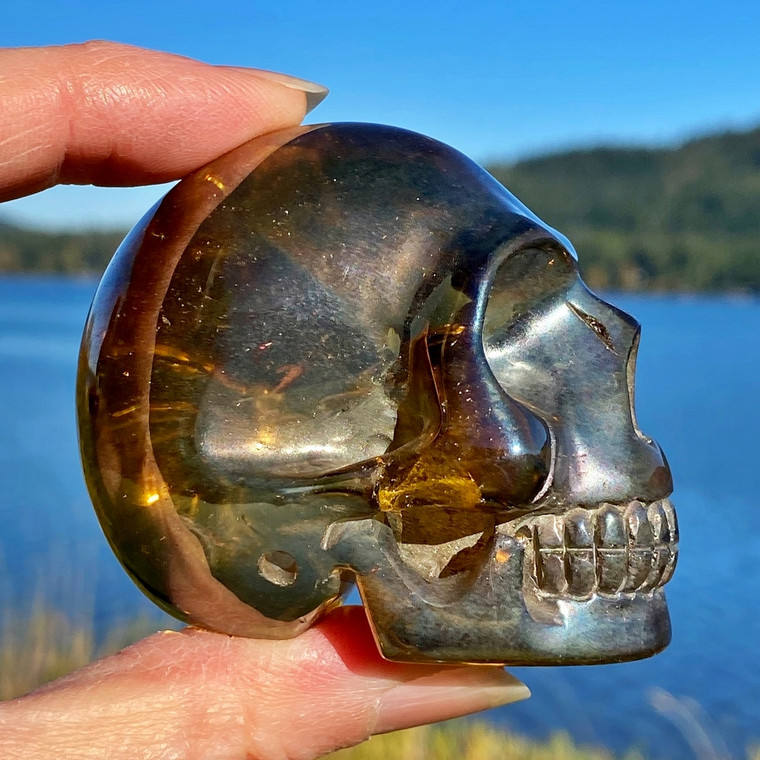 Raven's Carved  Champagne Aura Crystal Skull