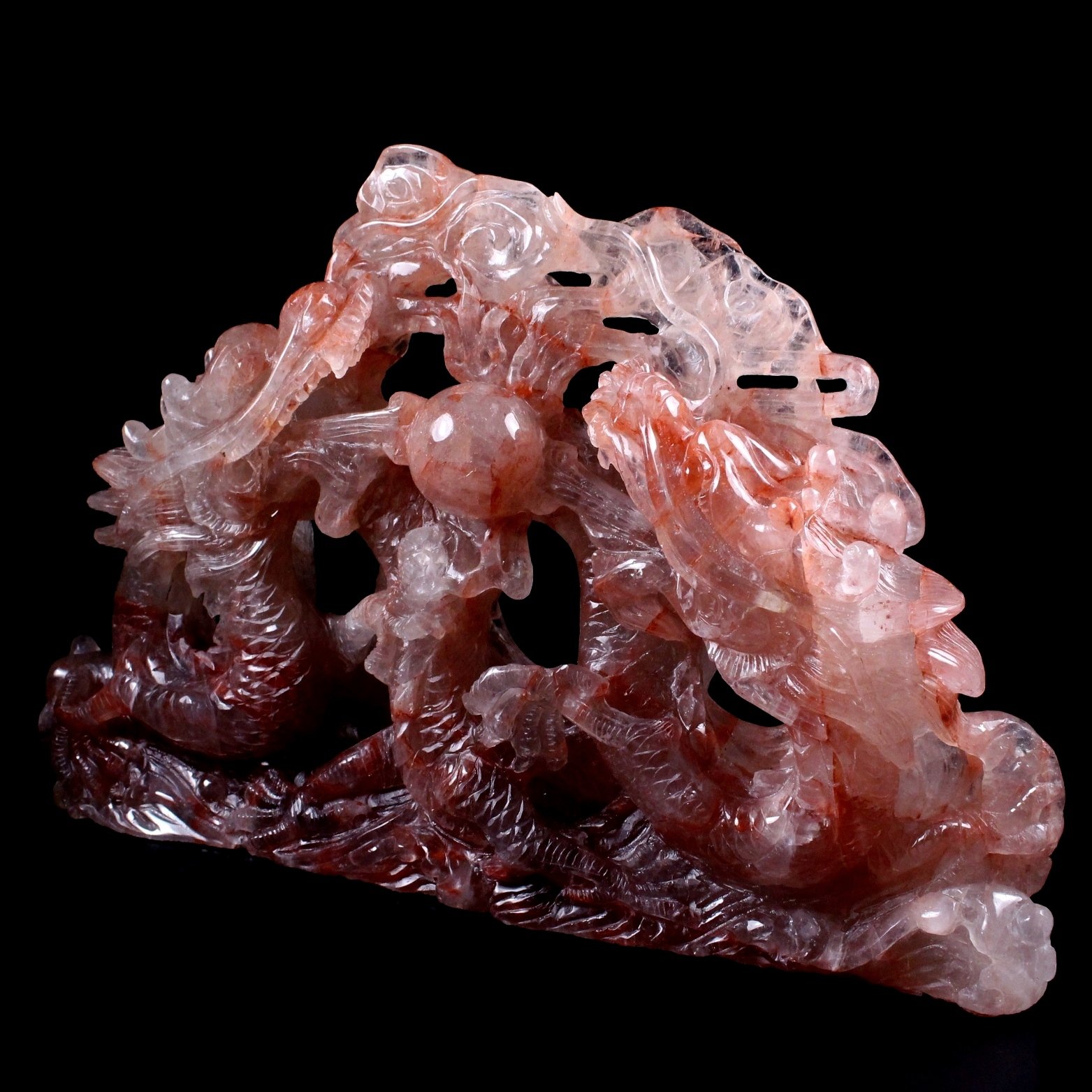 Red Fire Harlequin Quartz Double Dragon Carving