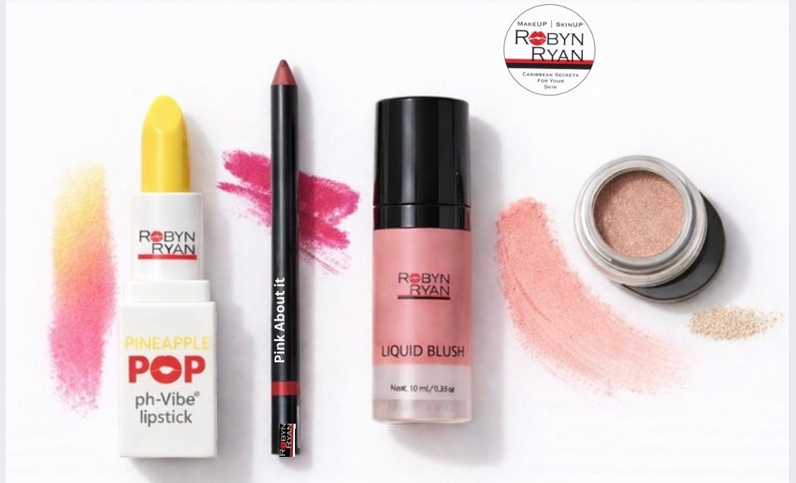 Robyn Ryan™ ColourUP™ spring makeup collection featuring Pineapple Pop™ lipstick, Pink About It lip liner, liquid blush, and cream shadow.