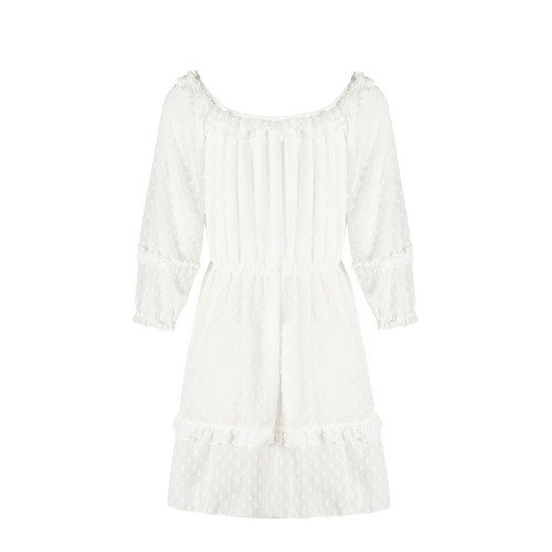 Flat lay product image of the White Off-Shoulder Swiss Dot Mini Dress showcasing fabric texture, ruffle neckline detail, and overall construction without styling. Ideal for close inspection of material and design.