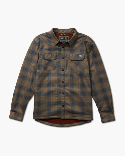 97% Polyester / 3% Elastane
Midweight poly twill with DWR coating
Polar fleece liner
Yarn dyed plaid
Brushed tricot lined front pockets
Zippered welt pocket at left chest
Snap buttons at front placket and chest pockets