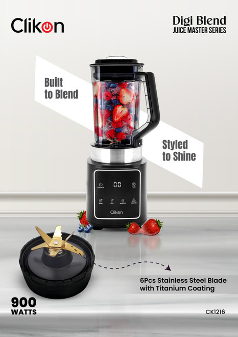 Clikon Digi Blend 900W Digital Smoothie Maker & Kitchen Blender – 1.5L Ribbed PC Jar, 6-Piece Titanium Coated Stainless Steel Blades, 4 Intelligent Preset Programs, Ice Crusher & Nutrient Extractor for Shakes & Smoothies