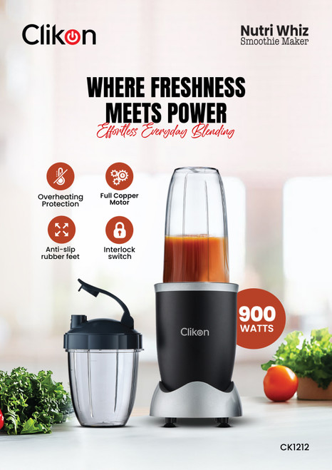 Clikon Nutri Whiz Smoothie Maker & Nutrient Extractor (CK1212) – 900W Powerful Motor, 6-Blade Titanium Coated Extractor, 2 Versatile BPA-Free Jars, High-Speed Blender for Shakes, Smoothies & Ice Crushing