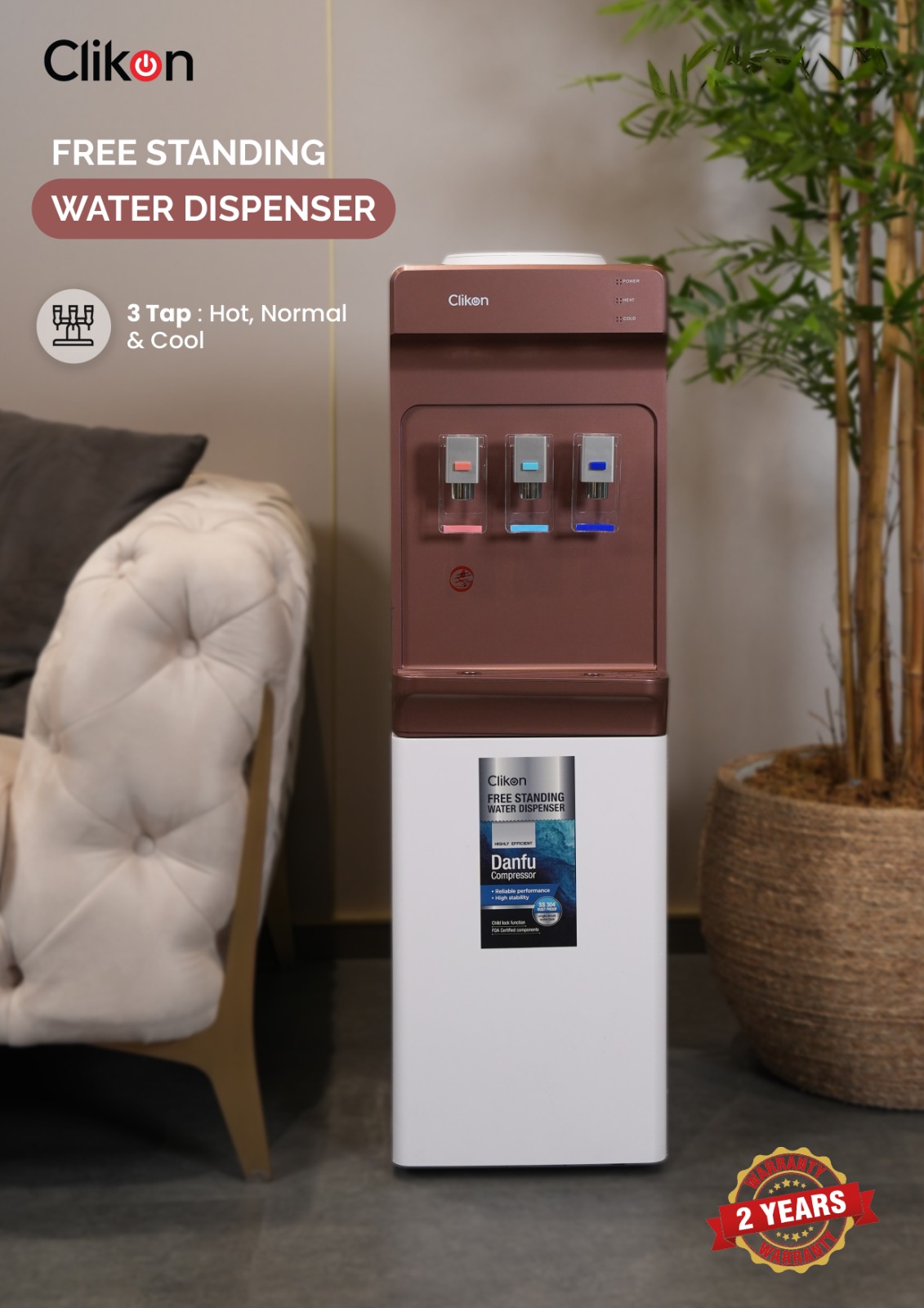 3-Tap Water Dispenser with High-Efficiency Danfu Compressor – Hot
