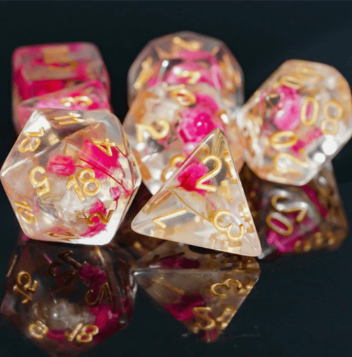 Pink and White Flower Polyhedral Dice Set