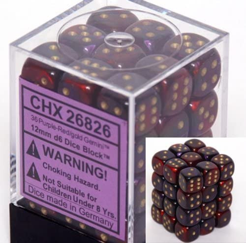 Chessex: 12Ct Gemini Translucent D6 Dice Set: Red-Violet/gold (CHX26667)