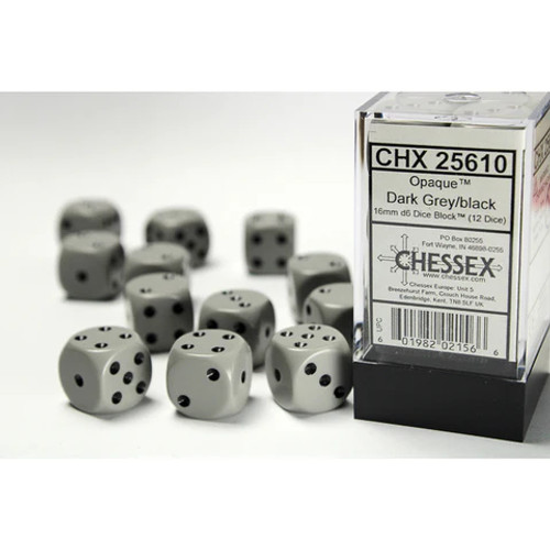 Chessex: 12Ct Opaque D6 Dice Set: Dark Grey/black