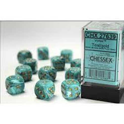 Chessex: 12Ct Vortex D6 Dice Set: Teal/gold