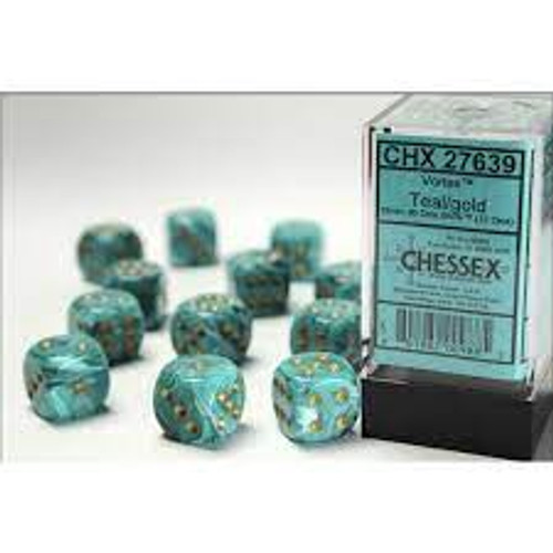 Chessex: 12Ct Vortex D6 Dice Set: Teal/gold (27639) Chessex: 12Ct Vortex D6 Dice Set: Teal/gold (27639)