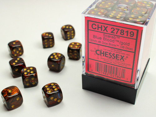 Chessex: 36Ct Scarab D6 Dice Set Blue Blood/gold (CHX27819)