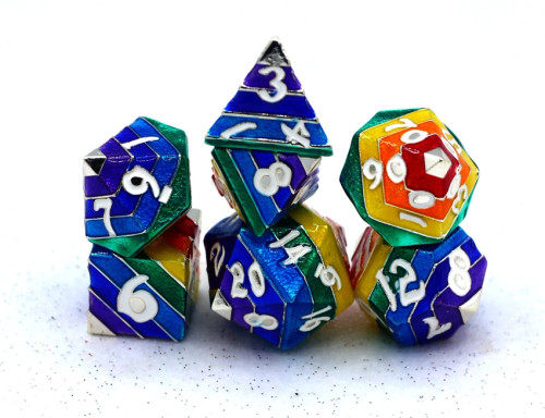 Solid Metal Dice Set: Rainbow Pride: Silver with White