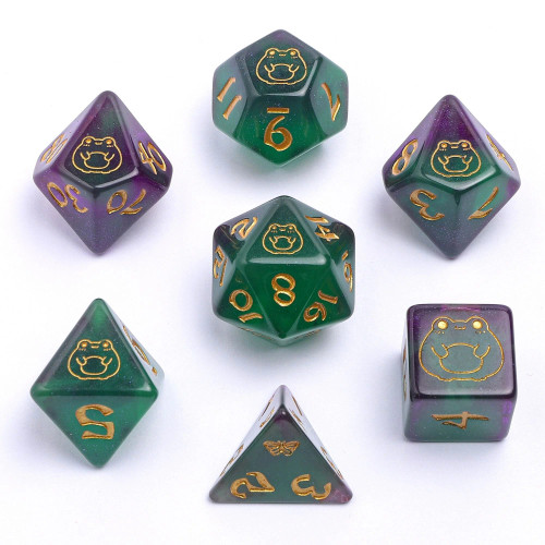 Wyrmforged Rollers: Rounded Edge 7 Piece Dice Set: Bog Frog: Gold Wyrmforged Rollers: Rounded Edge 7 Piece Dice Set: Bog Frog: Gold