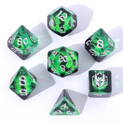 Wyrmforged Rollers: Rounded Edge 7 Piece Dice Set: Dragon Eye: Green Wyrmforged Rollers: Rounded Edge 7 Piece Dice Set: Dragon Eye: Green