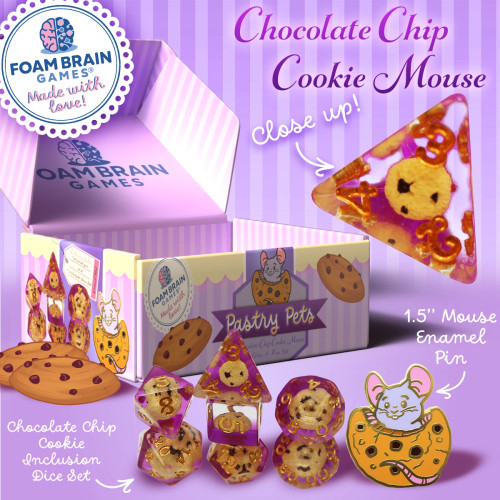 Pastry Pets: Chocolate Chip Cookie Mouse: Pin & RPG Dice Set