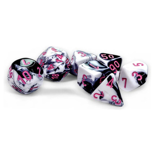 Chessex: 7Ct Gemini Polyhedral Dice Set Black-White W/ Pink (CHX26469)