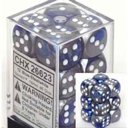 Chessex: 12Ct Gemini D6 Dice Set Dice Blue/Steel/White (CHX26623)