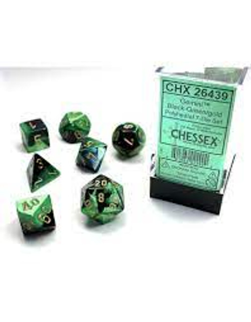 Chessex: 7Ct Gemini Polyhedral Dice Set Black/Green W/ Gold (CHX26439)