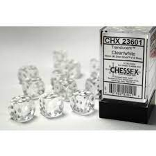 Chessex: 12Ct Translucent D6 Dice Set Clear/White (CHX23601)