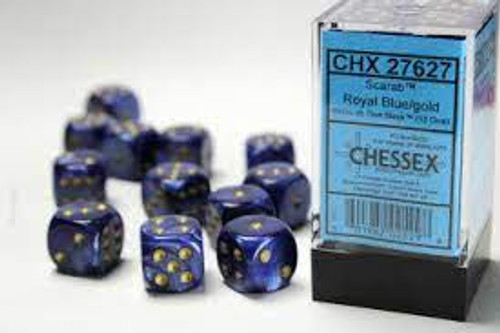 Chessex: 12Ct Scarab D6 Dice Set Royal Blue/Gold (CHX27627)