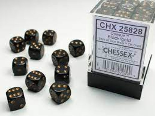 Chessex: 36Ct Opaque D6 Dice Set Black/Gold (CHX25828)