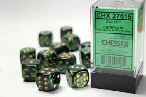 Chessex: 12Ct Scarab D6 Dice Set Jade/Gold (CHX27615)