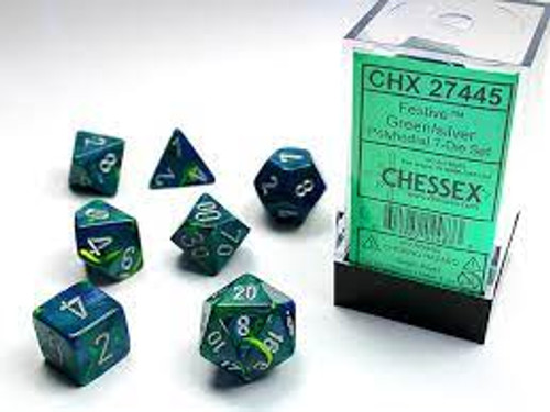 Chessex: 7Ct Festive Polyhedral Dice Set Green/Silver (CHX27445)