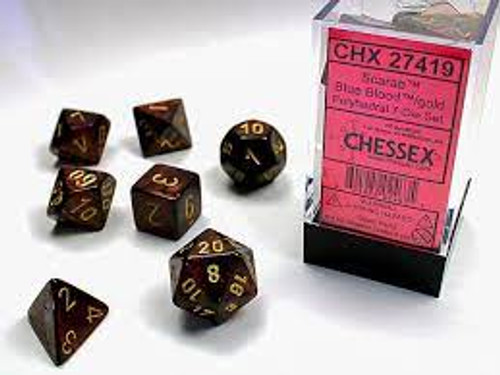 Chessex: 7Ct Scarab Polyhedral Dice Set Blue Blood/Gold (CHX27419)