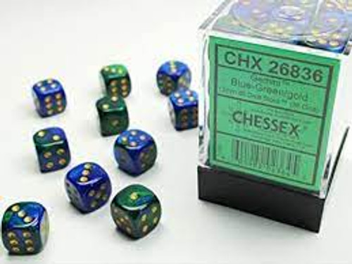 Chessex: 36Ct Gemini D6 Dice Set Blue/Green/Gold (CHX26836)