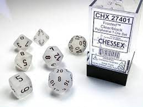 Chessex: 7Ct Frosted Polyhedral Dice Set Clear/Black (CHX27401)
