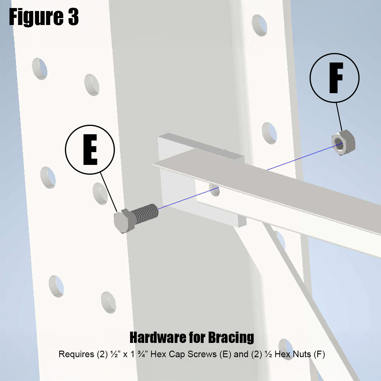 Horizontal Brace - requires (2) ½” x 1 ¾” Hex Cap Screw & Nut (E and F)